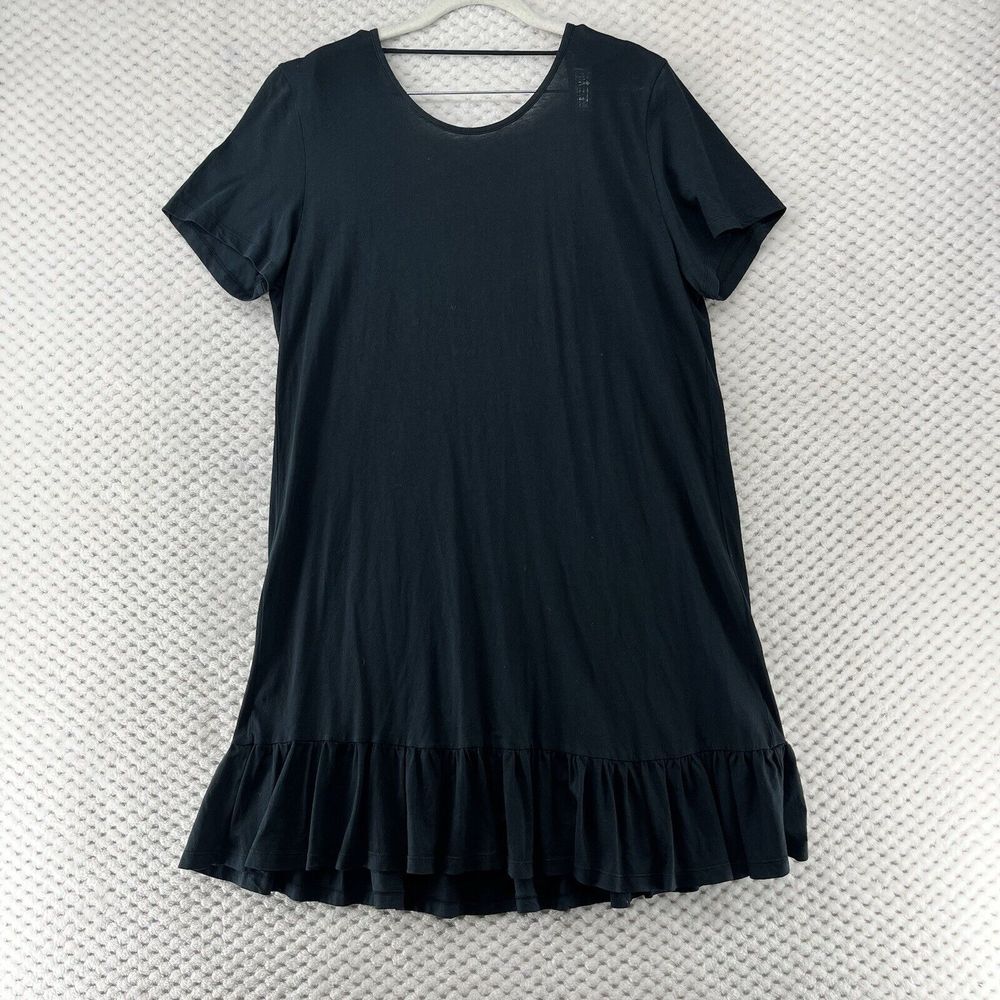 Cotton Dress‎ Ruffle Hem Short Sleeve Casual Comfy Black Plunging Back